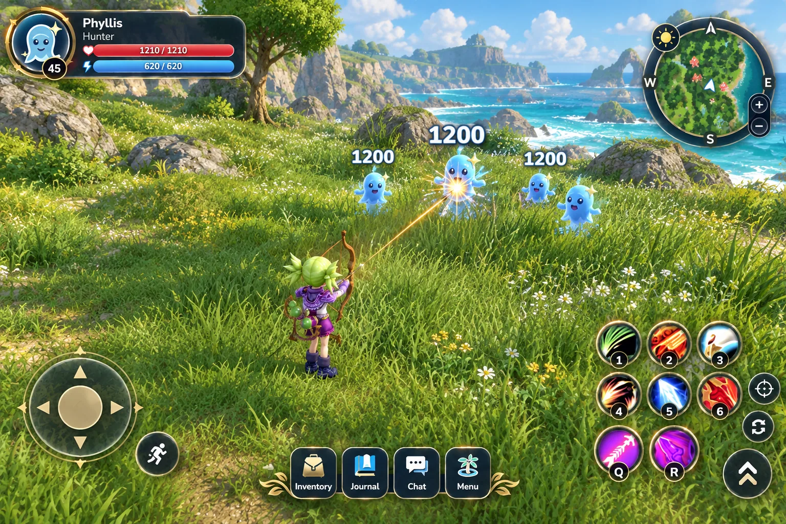 Phyllis firing an arrow at blue ghost monsters in tall grass, with the game interface around
