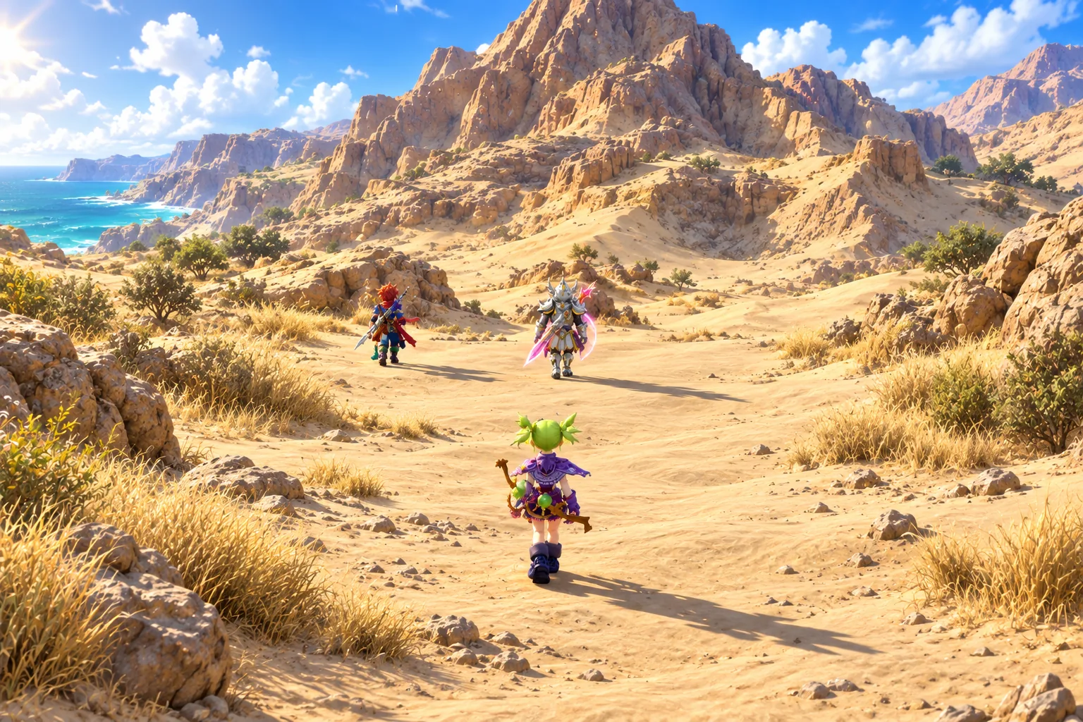 Three adventurers crossing an ochre desert valley