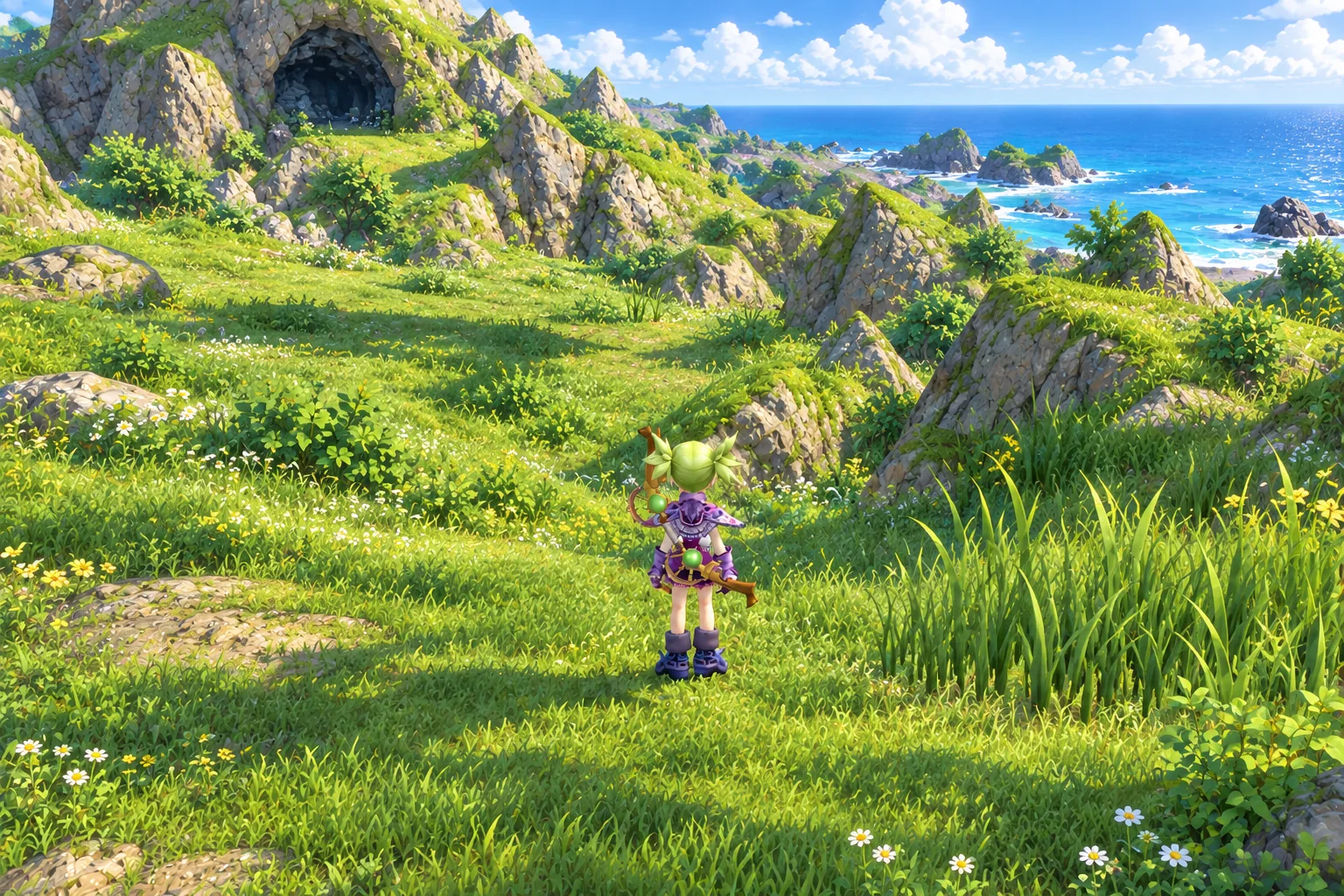 Phyllis in a green meadow with tall grass and rocky hills
