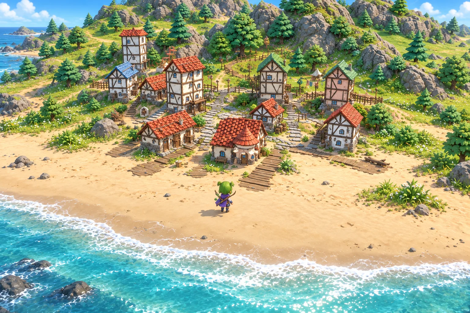 A seaside village of red-roofed houses on a golden beach